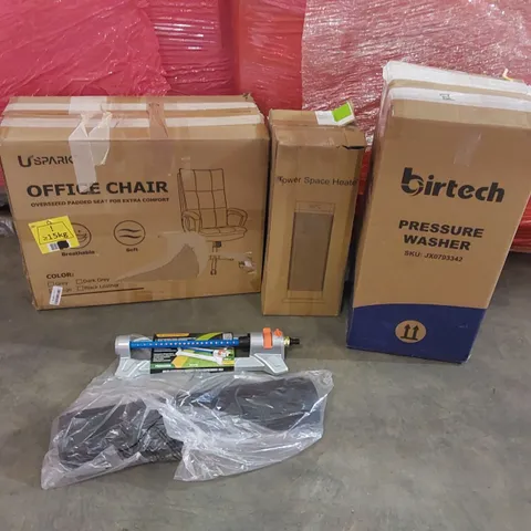 PALLET CONTAINING ASSORTED CONSUMER PRODUCTS TO INCLUDE: OFFICE CHAIR, PRESSURE WASHER, TOWER SPACE HEATER, OSCILLATING SPRINKLER, RUG ECT