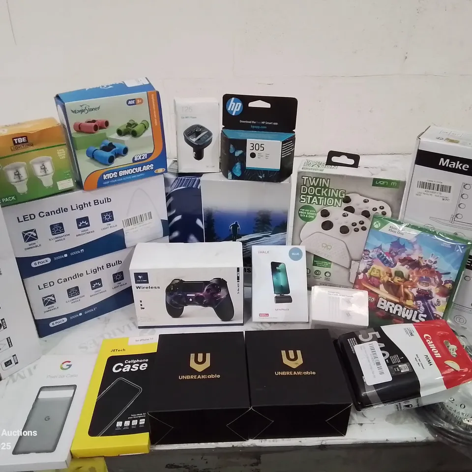 BOX CONTAINING LARGE AMOUNT OF BOXED ELECTRICAL ITEMS TO INCLUDE: LEGO BRAWLS XBOX GAME, XBOX DOCKING STATION, BINOCULARS, PHONE CASES, LIGHT BULBS ETC.