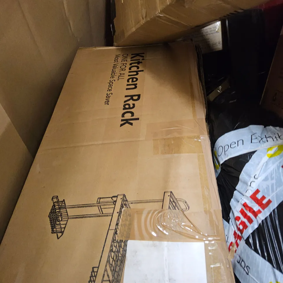 PALLET OF ASSORTED ITEMS TO INCLUDE, KITCHEN RACK, TETON BLUETOOTH SOUND BAR, INSTANT POT MULTI-COOKER & AIR FRYER, PINK KIDS TRIKE, BOXED HALL STAND.