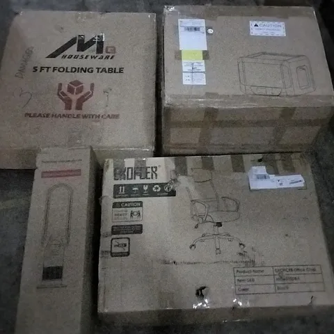 PALLET OF ASSORTED ITEMS INCLUDING BLADELESS PURIFIER & HEATER FAN, OFFICE CHAIR, 5FT FOLDING TABLE, 3D PRINTER