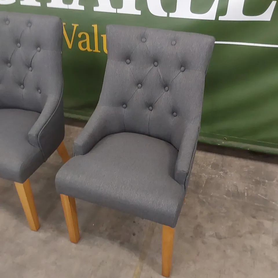 SET OF 2 DUKE SLATE FABRIC BUTTON BACK DINING CHAIRS WITH OAK LEGS 
