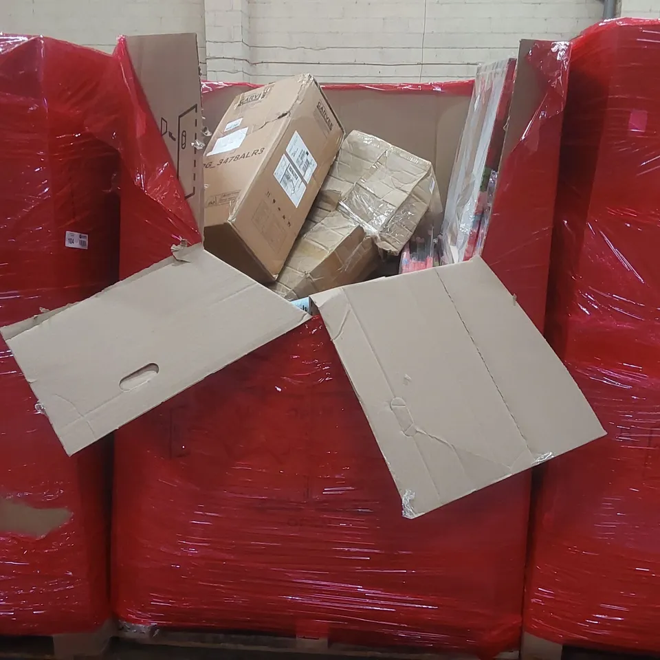 PALLET CONTAINING A LARGE QUANTITY OF ASSORTED ITEMS INCLUDING: BOXING PAINTINGS, SCRATCH WORLD MAPS, MOPS, WRENCH SET ECT