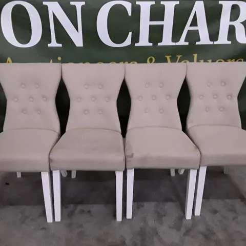 SET OF 4 BEWLEY OATMEAL FABRIC BUTTONED BACK DINING CHAIRS WHITE LEGS