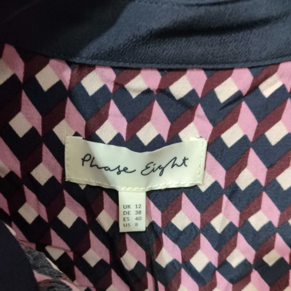 PHASE EIGHT WOMEN'S BLOUSE – PINK GEOMETRIC PRINT WITH NAVY COLLAR, UK 12