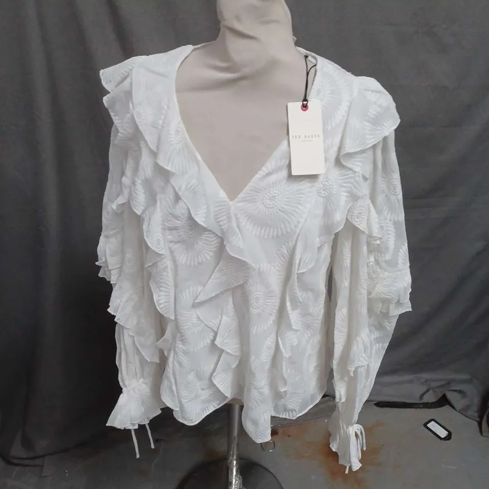 TED BAKER RUFFLE SLEEVE BRODERIE TOP IN WHITE SIZE EU 2