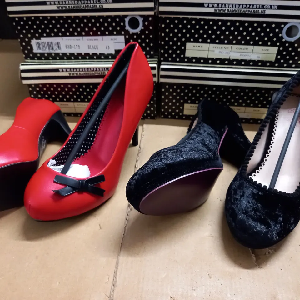 LOT OF 6 ASSORTED BOXED PAIRS OF BANNED HEELED SHOES IN VARIOUS SIZES
