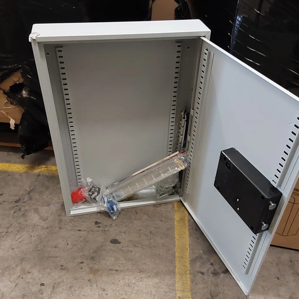 PALLET OF ASSORTED ITEMS INCLUDING; ROTTNER KEY CABINET, BOX OF ASSORTED HARD DRIVES, PAPER SHREDDERS ECT.