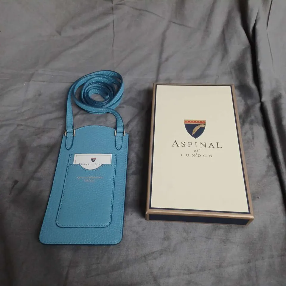 BOXED ASPINAL OF LONDON LEATHER PHONE CASE IN BLUE