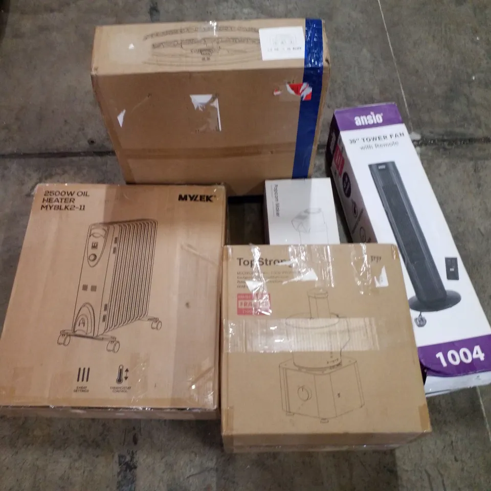 PALLET CONTAINING ASSORTED PRODUCTS INCLUDING CEILING FAN, 2500W OIL HEATER, MULTIFUNCTIONAL FOOD PROCESSOR, POPCORN MAKER, 30" TOWER FAN