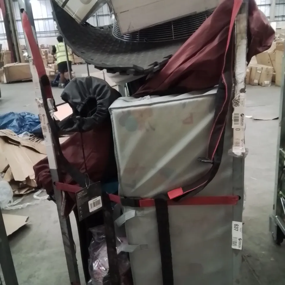 CAGE OF ASSORTED HOUSEHOLD GOODS AND PRODUCTS TO INCLUDE;CAMPING CHAIR,FAN,FOAM MATS,SUN LOUNGER