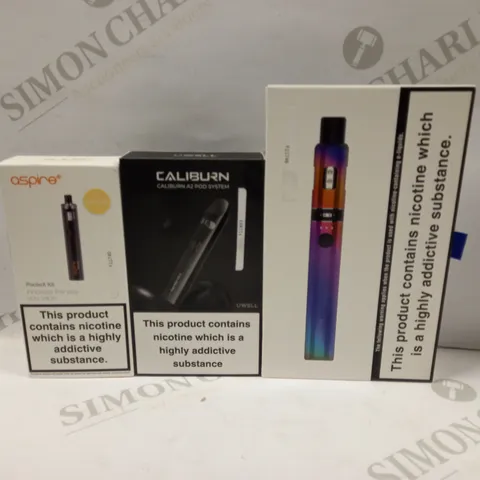 BOX OF APPROXMATELY 26E-CIGARETTES AND LIQUIDS TO INCLUDE INNOKIN ENDURA T18II, UWELL CALIBURN A2 POD SYSTEM, ASPIRE POCKEX KIT, ETC