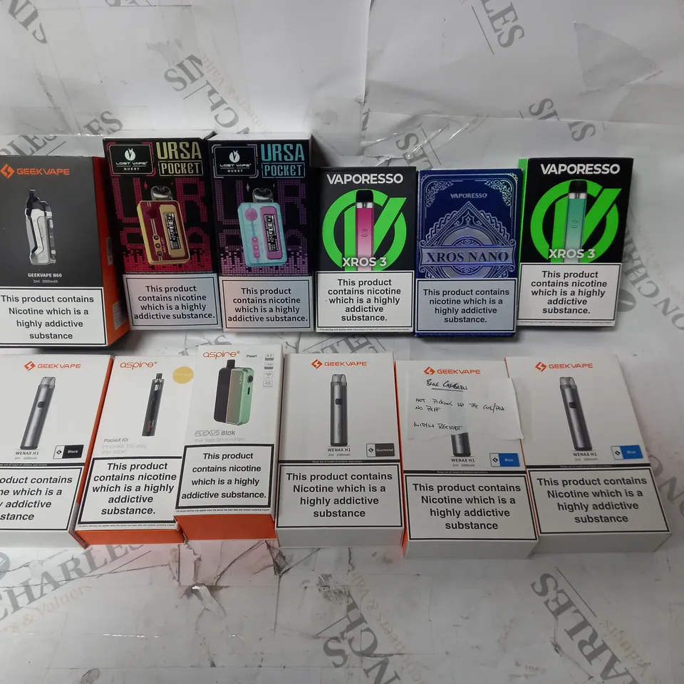 BOX OF APPROX 12 ASSORTED E-CIGARETTES TO INCLUDE - URSA POCKET - GEEK VAPE - WENAX H1 - VAPORESSO XROS NANO