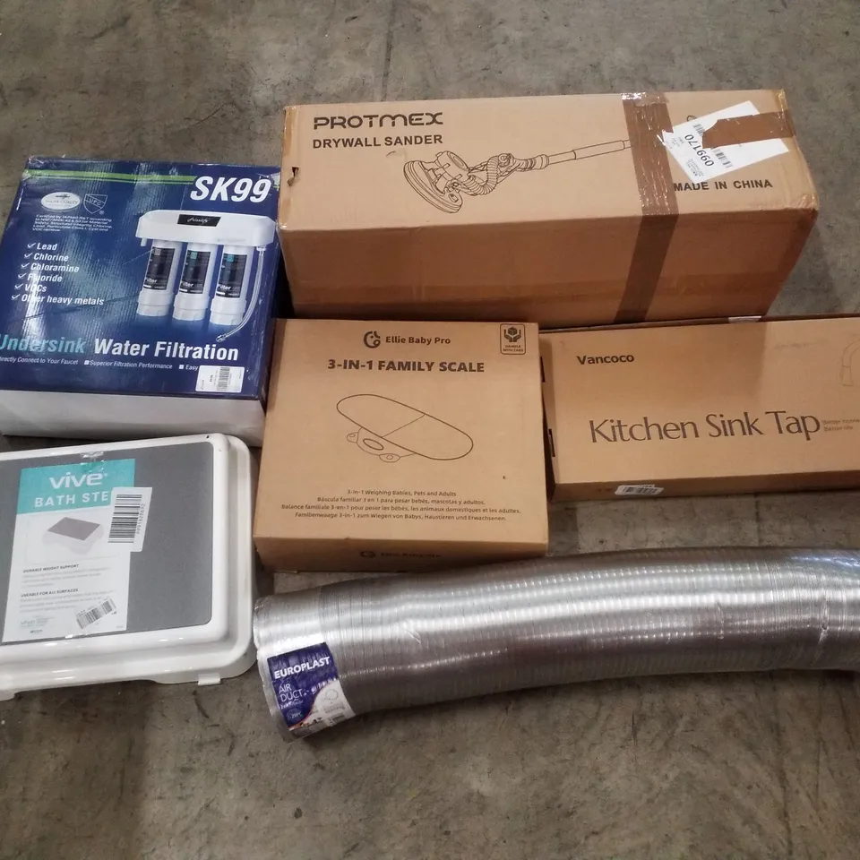 PALLET CONTAINING ASSORTED PRODUCTS INCLUDING DRYWALL SANDER, KITCHEN SINK TAP, 3-IN-1 FAMILY SCALE, UNDERSINK WATER FILTRATION, BATH STEP & AIR DUCT