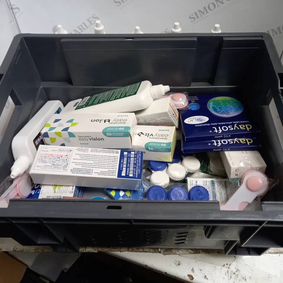 BOXED LOT TO CONTAIN APPROX. 30 X ASSORTED VISION CARE PRODUCTS. INCLUDES PACKS OF CONTACT LENSES & CONTACT LENSE CLEANING SOLUTION. BRANDS VARY