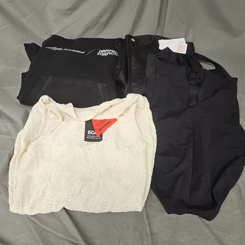 BOX OF APPROXIMATELY 20 ASSORTED CLOTHING ITEMS TO INCLUDE HOODIE, SWIMSUIT, DRESS, ETC