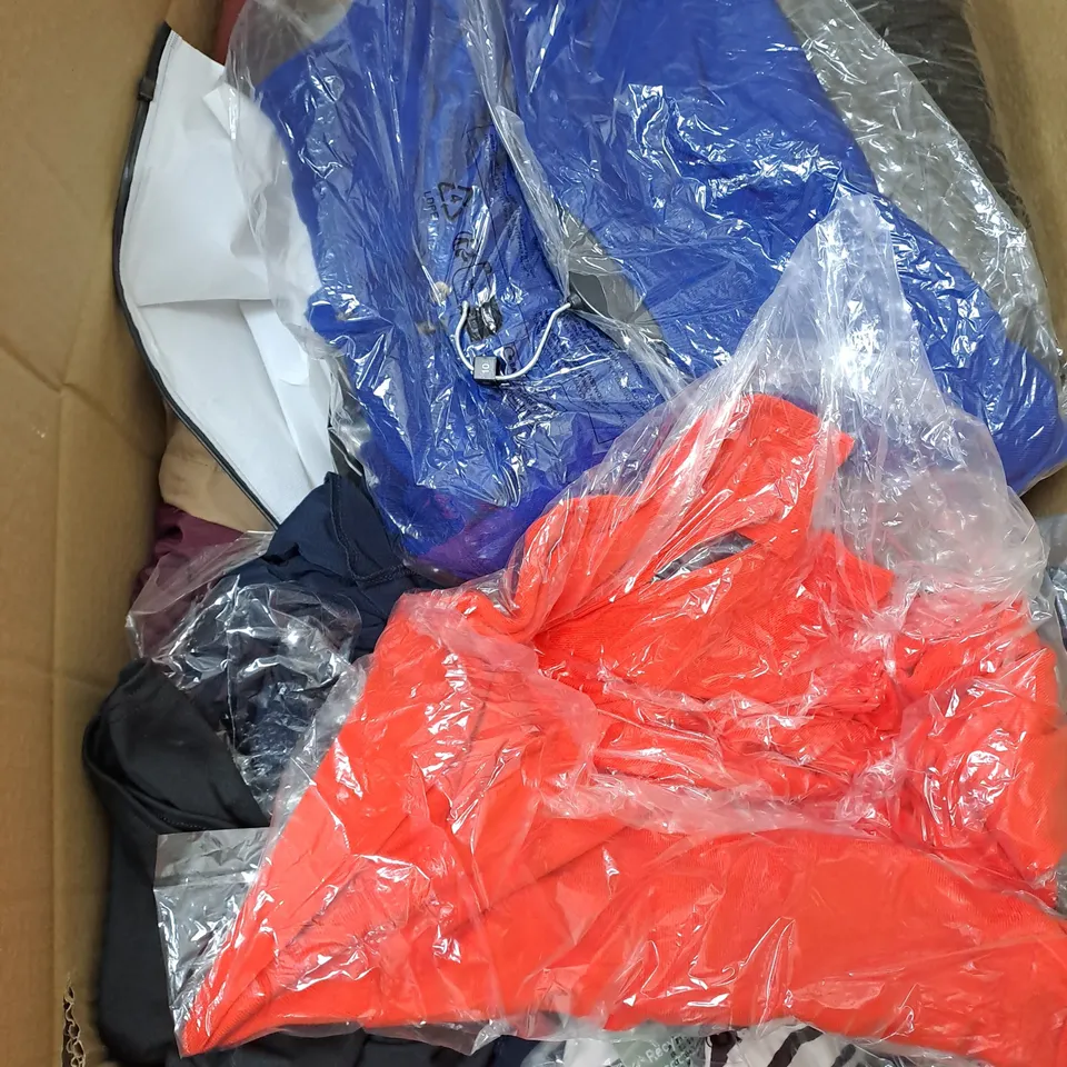 BOX OF ASSORTED CLOTHING ITEMS TOO INCLUDE JUMPERS, SHIRTS AND TROUSERS IN VARIOUS SIZES AND COLOURS   