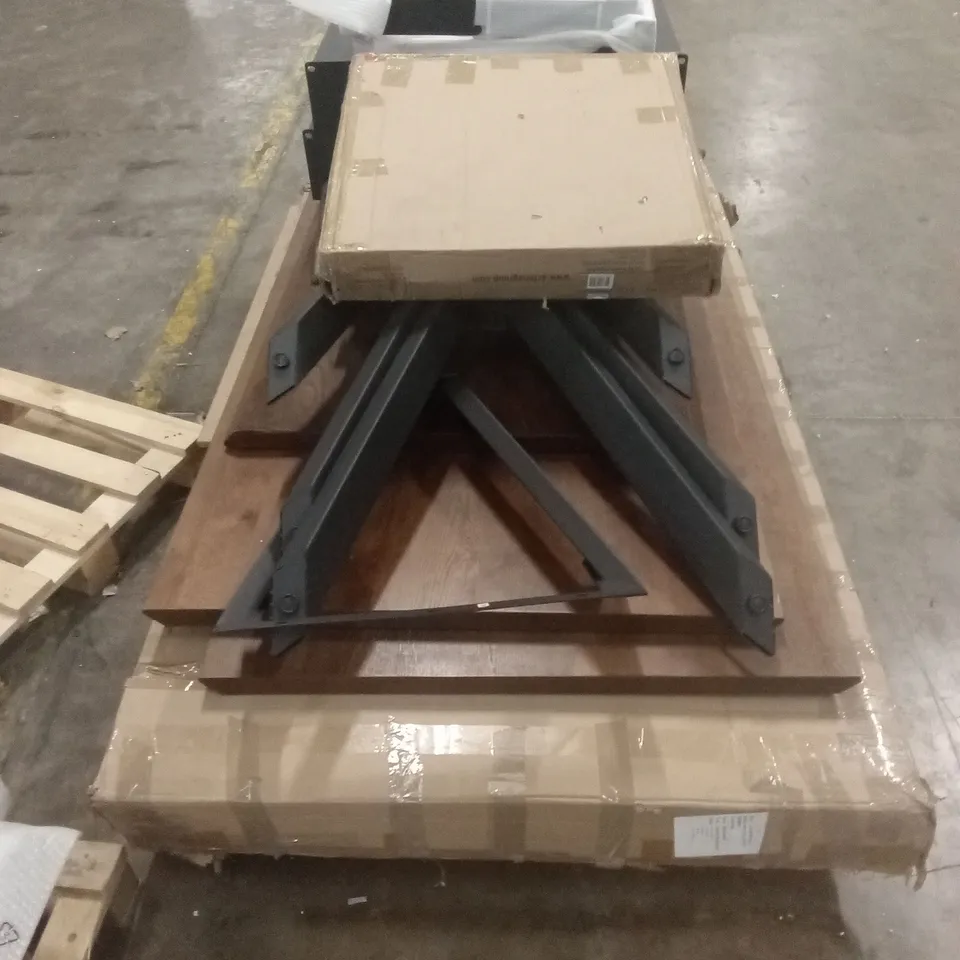 PALLET OF ASSORTED DESIGNER DINING TABLE TOPS AND FEET