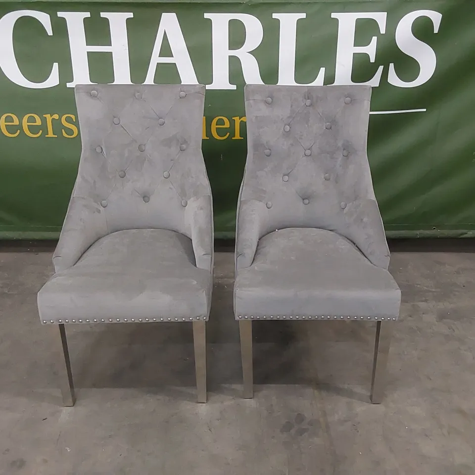 SET OF 2 IMPERIAL GREY VELVET BUTTON BACK DINING CHAIRS WITH CHROME LEGS 
