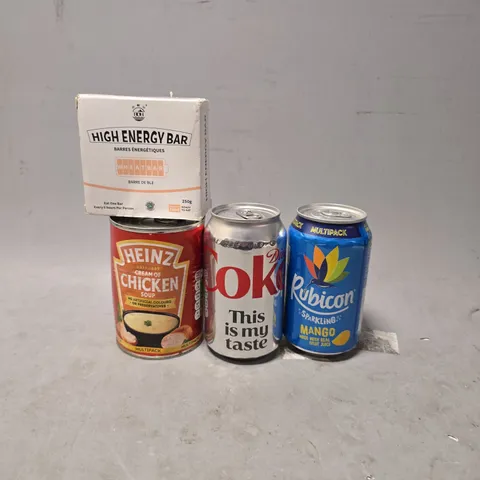 APPROXIMATELY 6 ASSORTED FOOD & DRINK ITEMS TO INCLUDE - DIET COKE , HEINZ CHICKEN SOUP , HIGH ENERGY BARS ETC