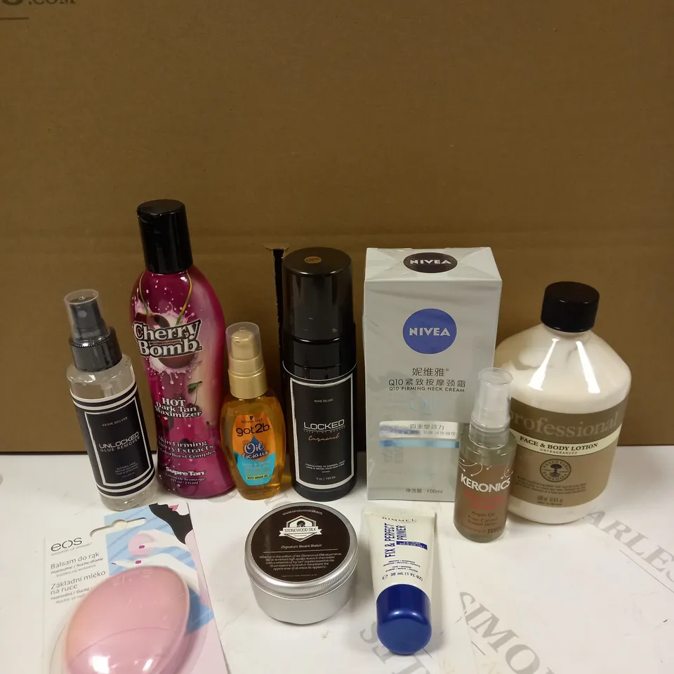 LOT OF APPROXIMATELY 10 ASSORTED COSMETIC ITEMS TO INCLUDE NIVEA Q10, NEAL'S YARD BODY LOTION, CHERRY BOMB DARK TAN MAXIMISER ETC