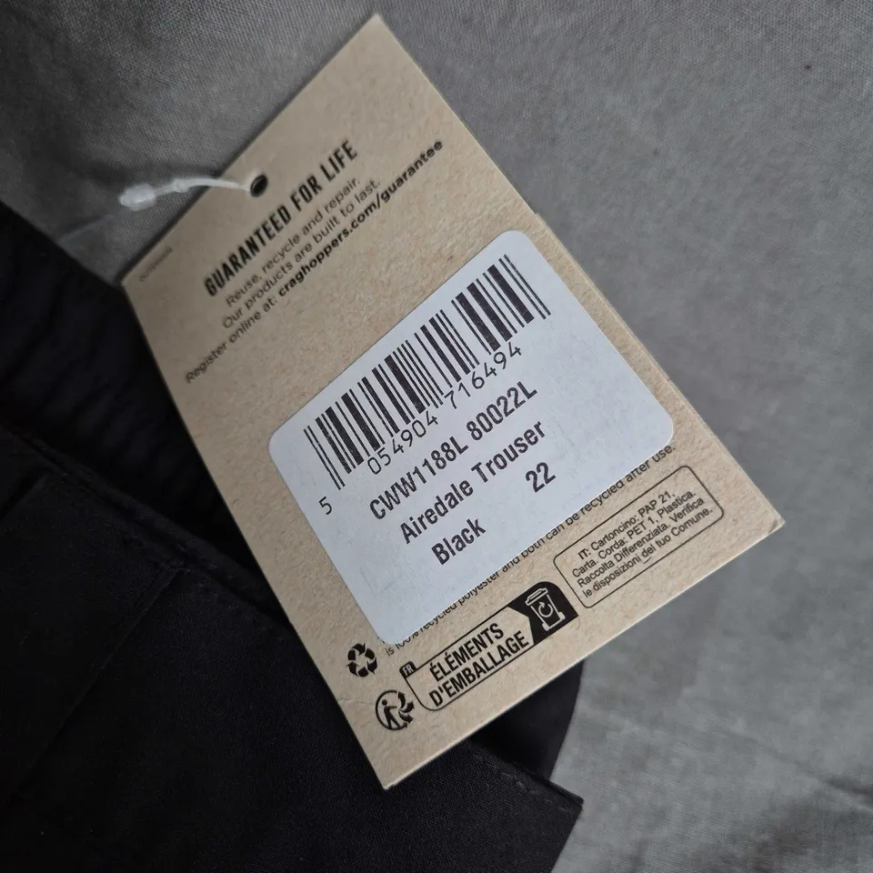 CRAGHOPPERS AIREDALE TROUSERS - MINDFULLY MADE - BLACK - UK 22 (EU 48, US 18)