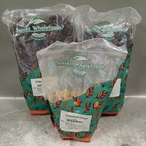 SUSSEX WHOLEFOODS X3 ASSORTED FOOD ITEMS TO INCLUDE - CRYSTALISED GINGER 1KG - PITTED DATES 2KG