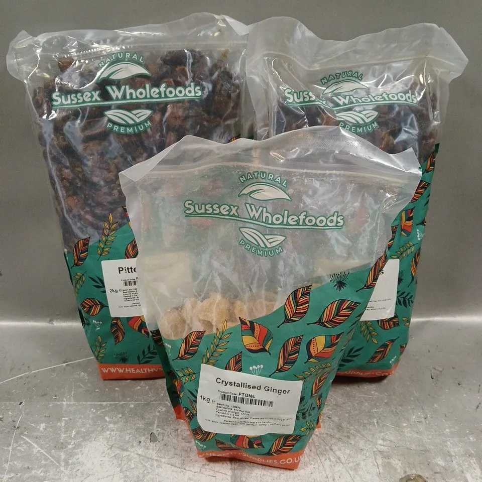 SUSSEX WHOLEFOODS X3 ASSORTED FOOD ITEMS TO INCLUDE - CRYSTALISED GINGER 1KG - PITTED DATES 2KG