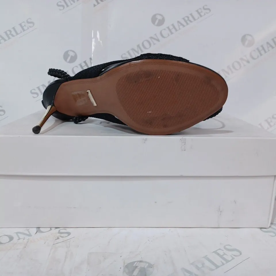 BOXED PAIR OF REISS MINERVA STRAPPY HEELS IN BLACK SIZE 5