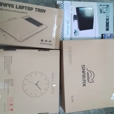 PALLET TO CONTAIN AN ASSORTMENT OF HOUSEHOLD ITEMS TO INCLUDE WALL CLOCKS, LAPTOP BEDS, PRIVACY SCREEN PROTECTORS AND OFFICE CHAIR CUSHIONS ECT