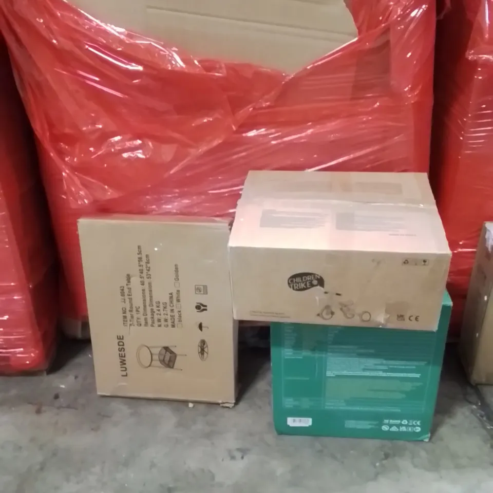 PALLET OF ASSORTED HOUSEHOLD GOODS AND PRODUCTS TO INCLUDE;END TABLE,BOTTLE CLEANING MACHINE,CHILDREN'S TRICYCLE