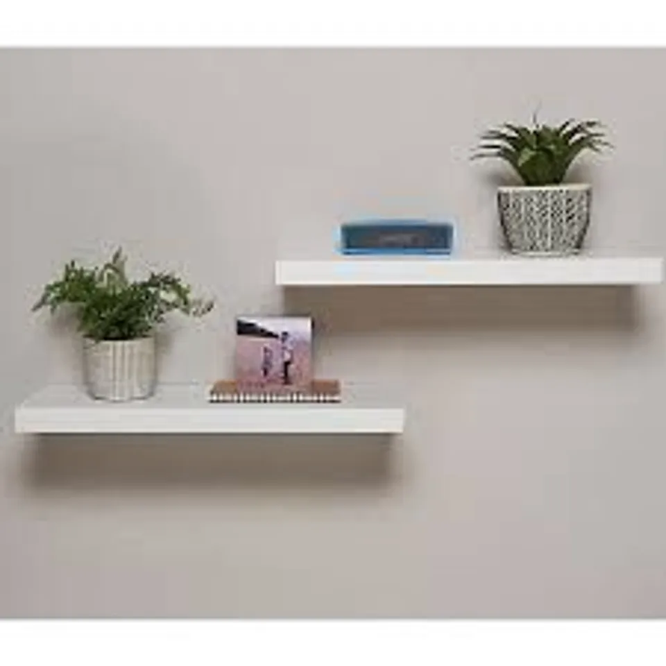 BOXED SET OF 2 GREENHURST 40cm FLOATING SHELVES WHITE VENEER (1 BOX)