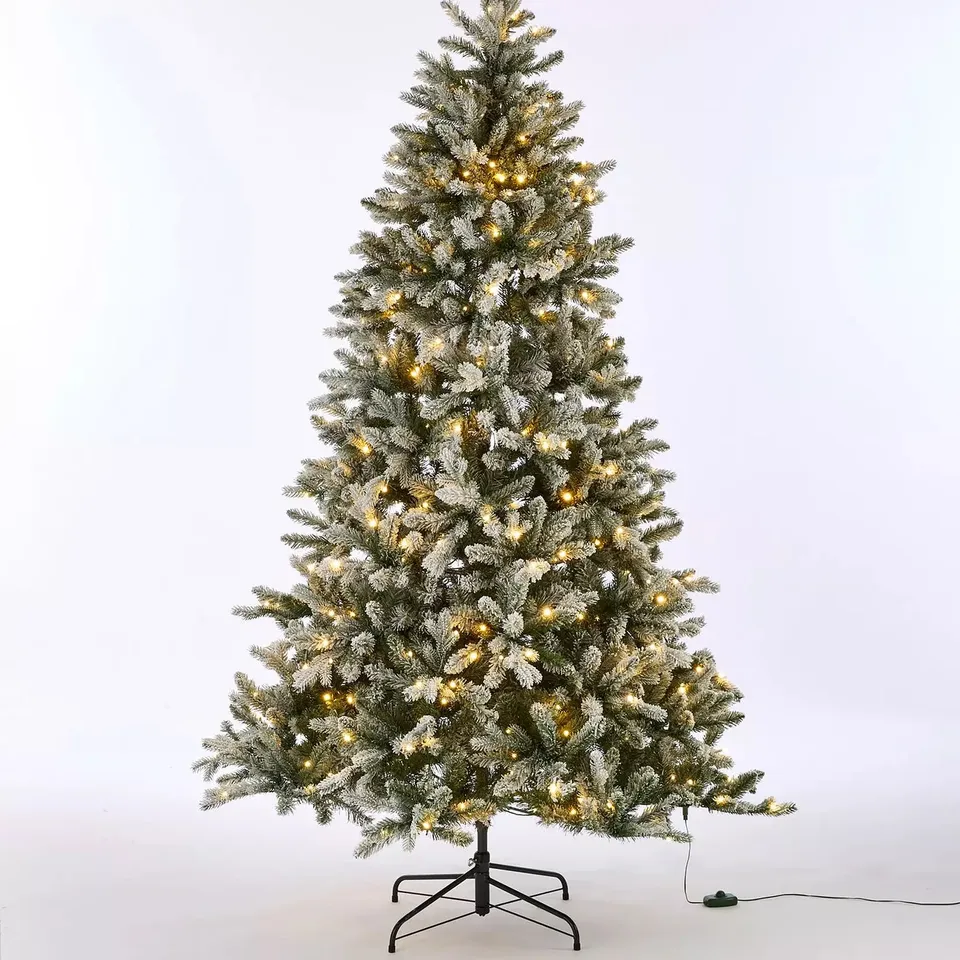 BOXED 7FT DENVER PRE LIT FLOCKED CHRISTMAS TREE WITH DUAL COLOUR TWINKLE LIGHTS