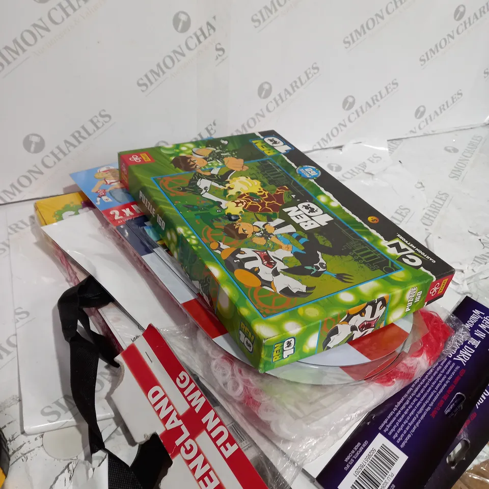 BOX OF APPROXIMATELY 10 ITEMS TO INCLUDE BEN 10 PUZZLE, ENGLAND MAGNETS, ART WALL 