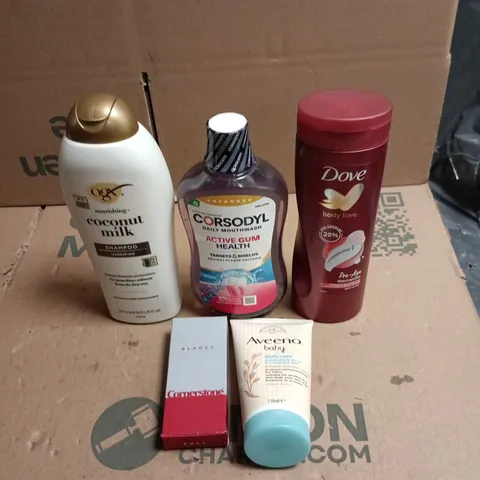 TOTE OF APPROXIMATELY 20 ASSORTED COSMETIC ITEMS TO INCLUDE DOVE BODY LOTION, CORSODYL, AVEENO BABY, CORNERSTONE BLADES, OGX SHAMPOO ETC