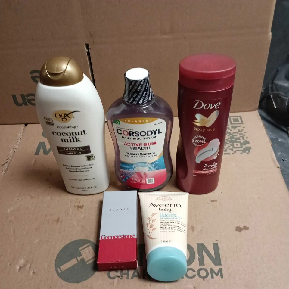 TOTE OF APPROXIMATELY 20 ASSORTED COSMETIC ITEMS TO INCLUDE DOVE BODY LOTION, CORSODYL, AVEENO BABY, CORNERSTONE BLADES, OGX SHAMPOO ETC