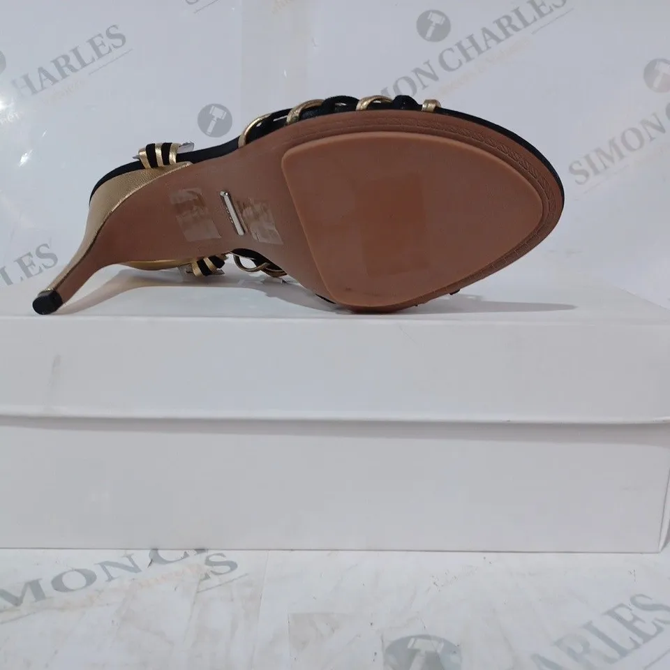 BOXED PAIR OF REISS CASSIDY STRAPPY HEELS IN BLACK/GOLD SIZE 5