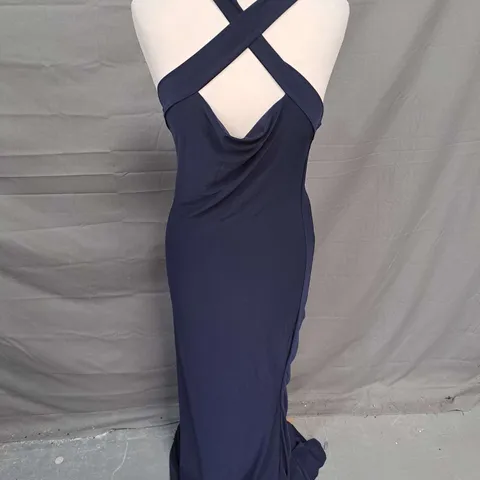 CLUB LONDON CROSS STRAP MAXI DRESS IN NAVY SIZE 10