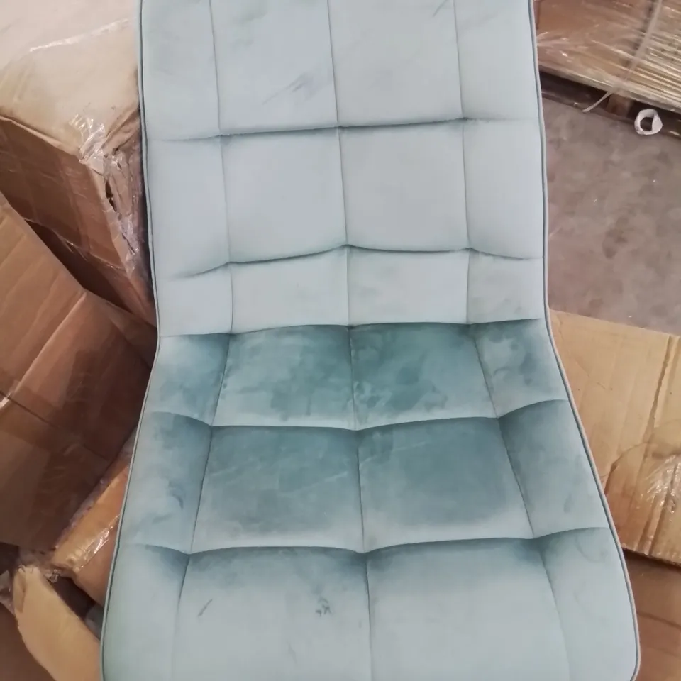 A BOXED PAIR OF TURQUOISE VELVET UPHOLSTERED DINING CHAIRS 
