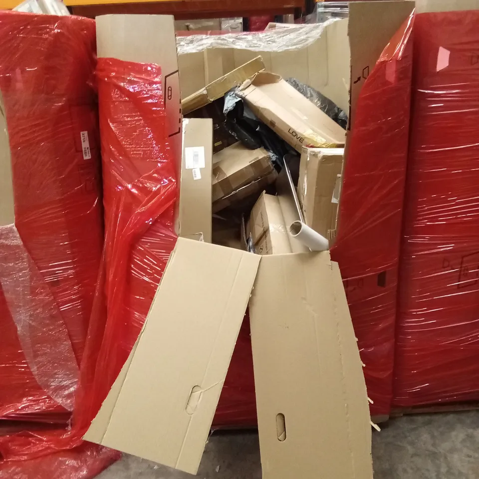 PALLET OF ASSORTED HOUSEHOLD GOODS AND PRODUCTS TO INCLUDE; OFFICE DESK, CAT LITTER BOX, RACING WHEEL STAND ETC