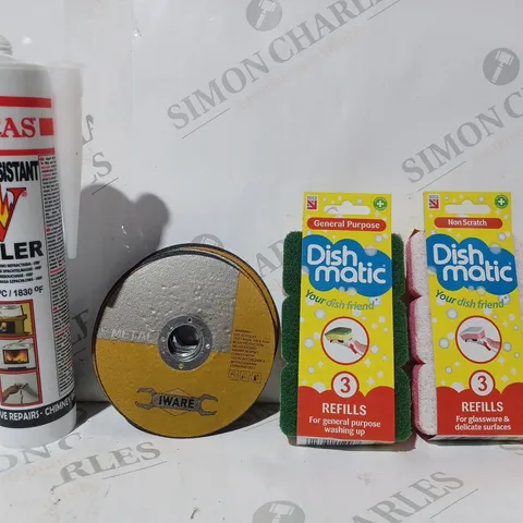 APPROXIMATELY 15 ASSORTED HOUSEHOLD ITEMS TO INCLUDE DISHMATIC REFILLS, IWARE METAL CUTTING DISCS, HEAT RESISTANT FILLER, ETC
