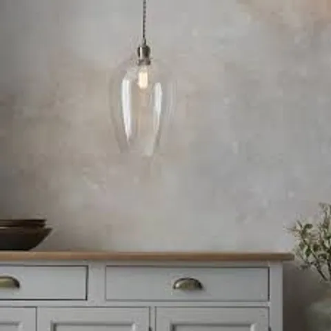 BOXED ENDON 1 LIGHT PENDANT ANTIQUE BRASS PLATE & CLEAR GLASS