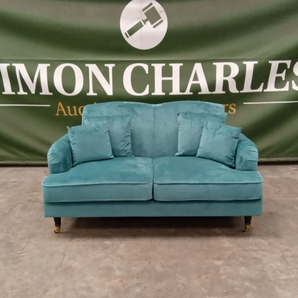 PENERMON 2 SEATER VELVET ROLL ARMS SOFA - TEAL
