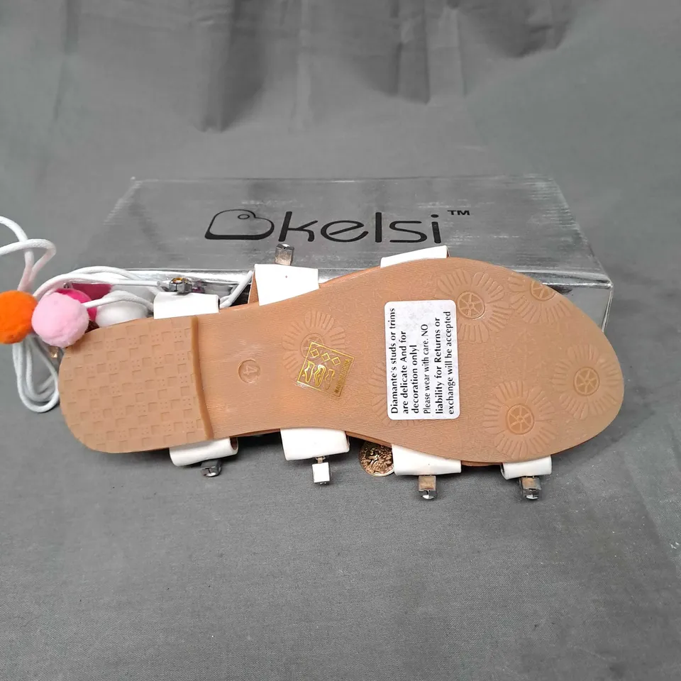BOX OF APPROXIMATELY 8 PAIRS OF KELSI EMBELLISHED SANDALS IN WHITE - VARIOUS SIZES