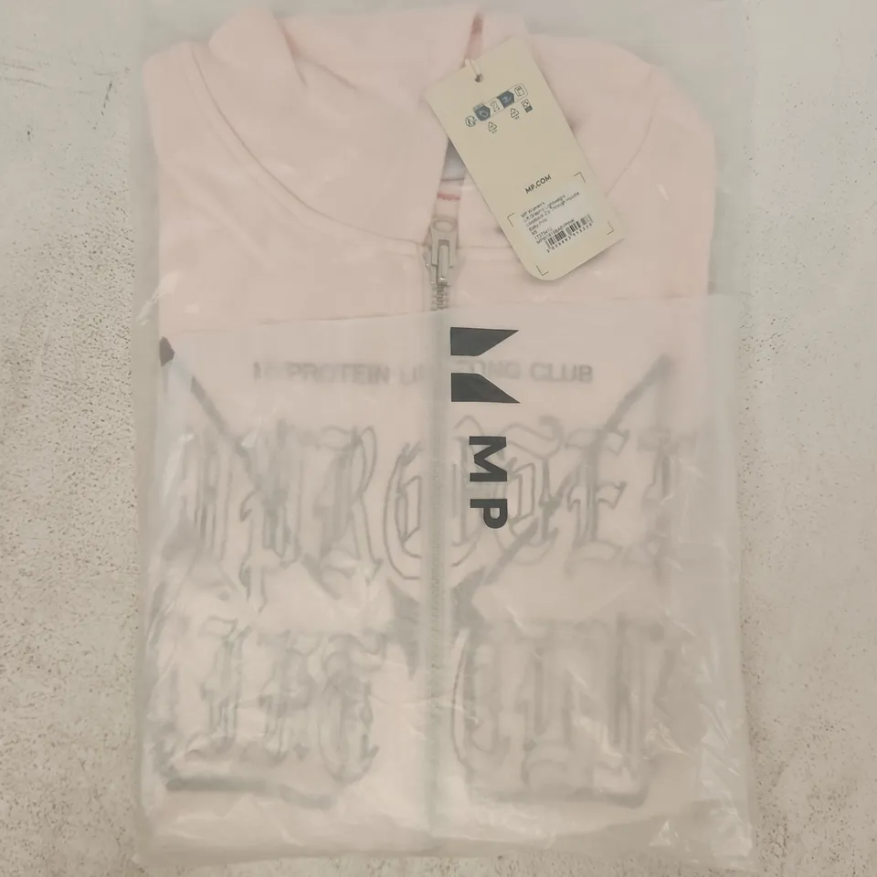 BAGGED MY PROTEIN WOMEN'S LIFT GRAPHIC LIGHTWEIGHT LOOPBACK ZIP-THROUGH HOODIE IN BABY PINK SIZE XS