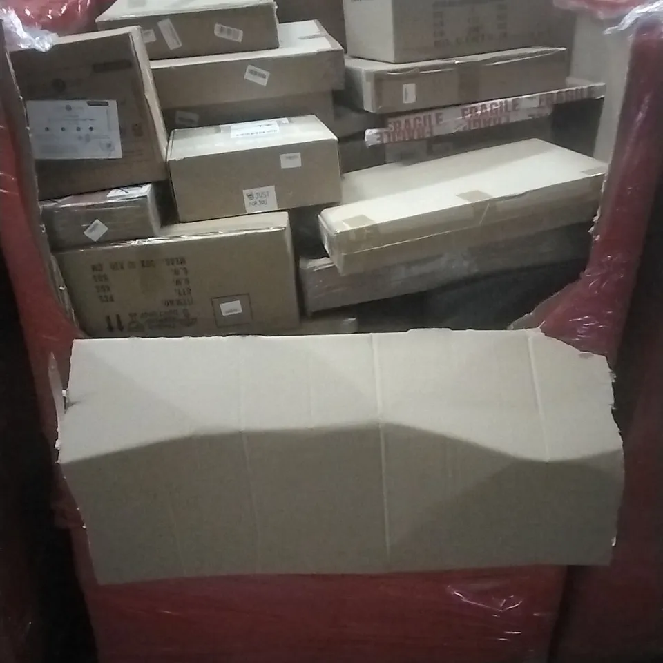 A PALLET CONTAINING ASSORTED HOUSEHOLD GOODS AND PRODUCTS TO INCLUDE; BOXED FURNITURE ETC