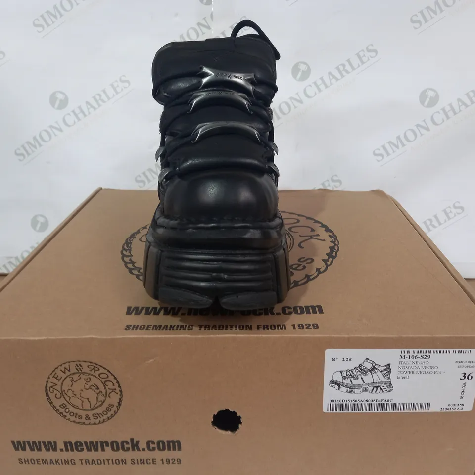 BOXED PAIR OF NEW ROCK CHUNKY PLATFORM LEATHER SHOES IN BLACK EU SIZE 36