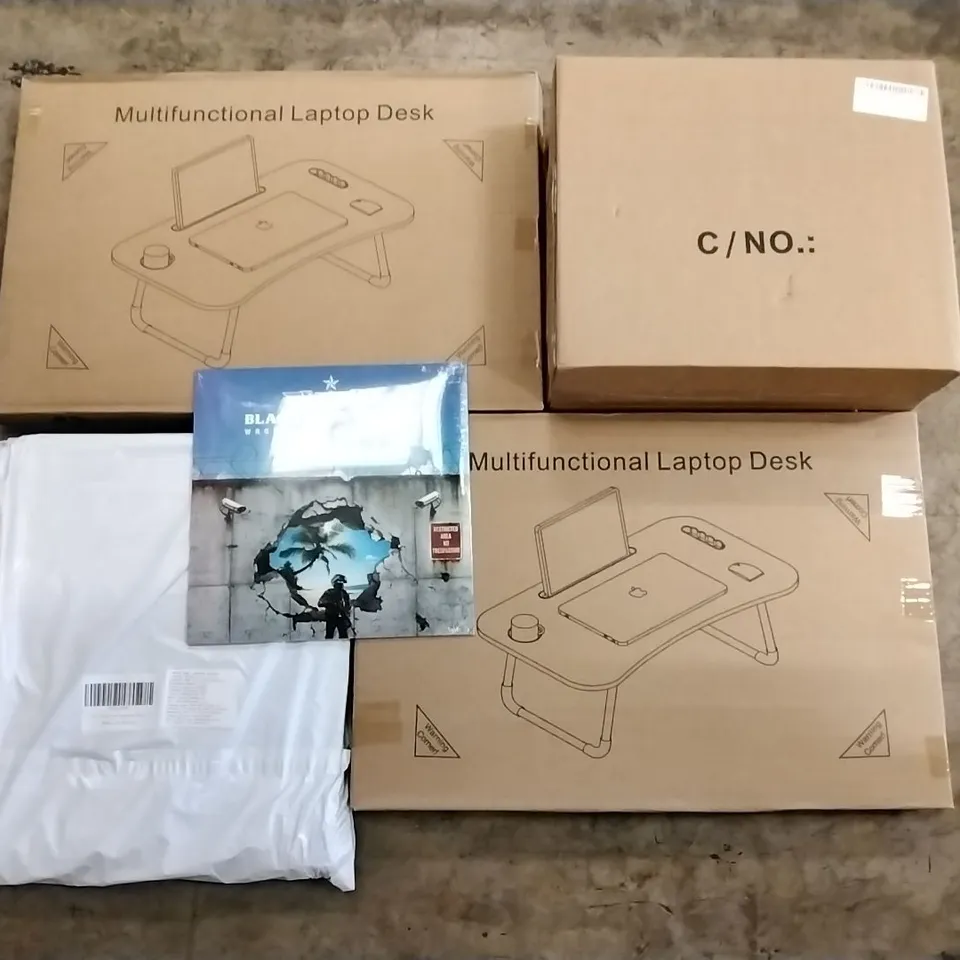PALLET OF ASSORTED PRODUCTS INCLUDING MULTIFUNCTIONAL LAPTOP DESKS, OVAL TOILET SEATS PROTECTIVE CASE, BLACK STAR RIDERS VINYL
