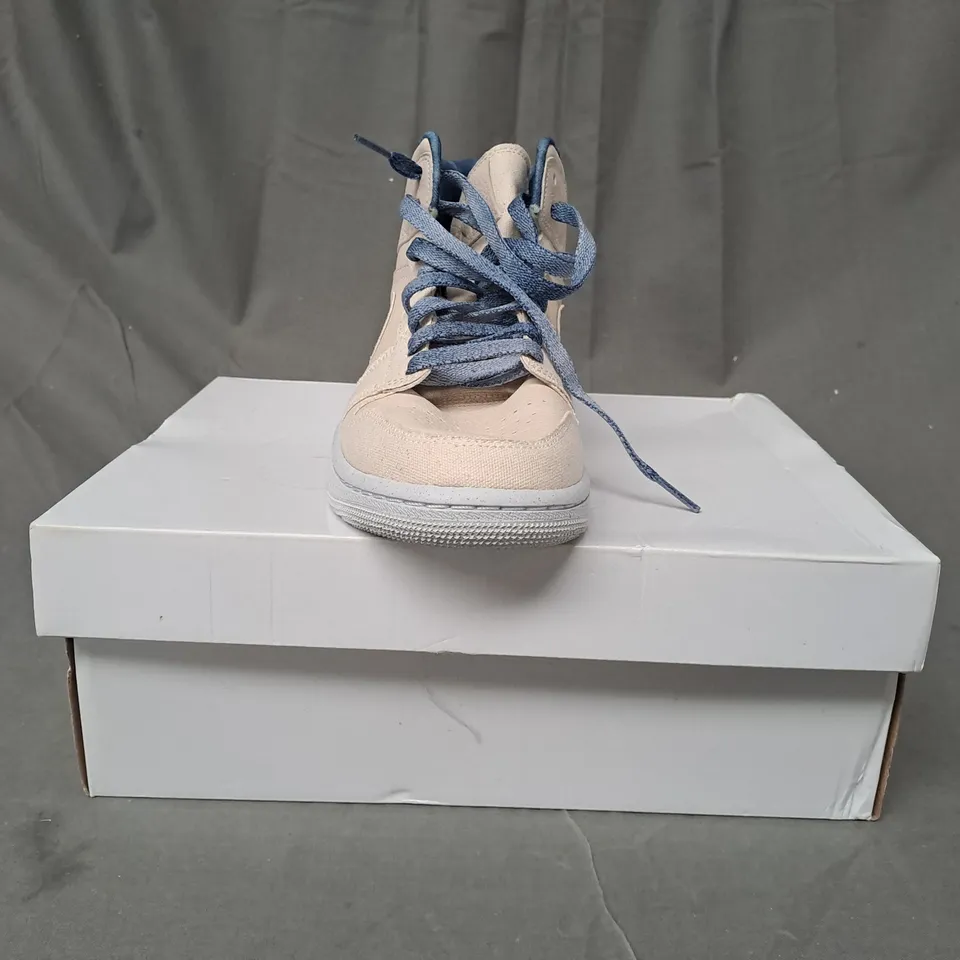 BOXED PAIR OF NIKE AIR JORDAN 1 MID SHOES IN CREAM/NAVY UK SIZE 6.5