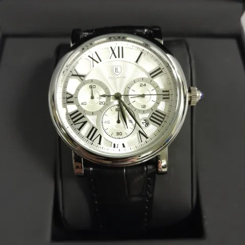LOUIS LACOMBE CHRONOGRAPH WATCH WITH STAINLESS STEEL CASE AND BLACK LEATHER STRAP IN GIFT BOX
