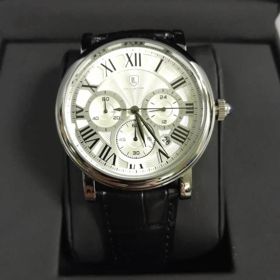 LOUIS LACOMBE CHRONOGRAPH WATCH WITH STAINLESS STEEL CASE AND BLACK LEATHER STRAP IN GIFT BOX